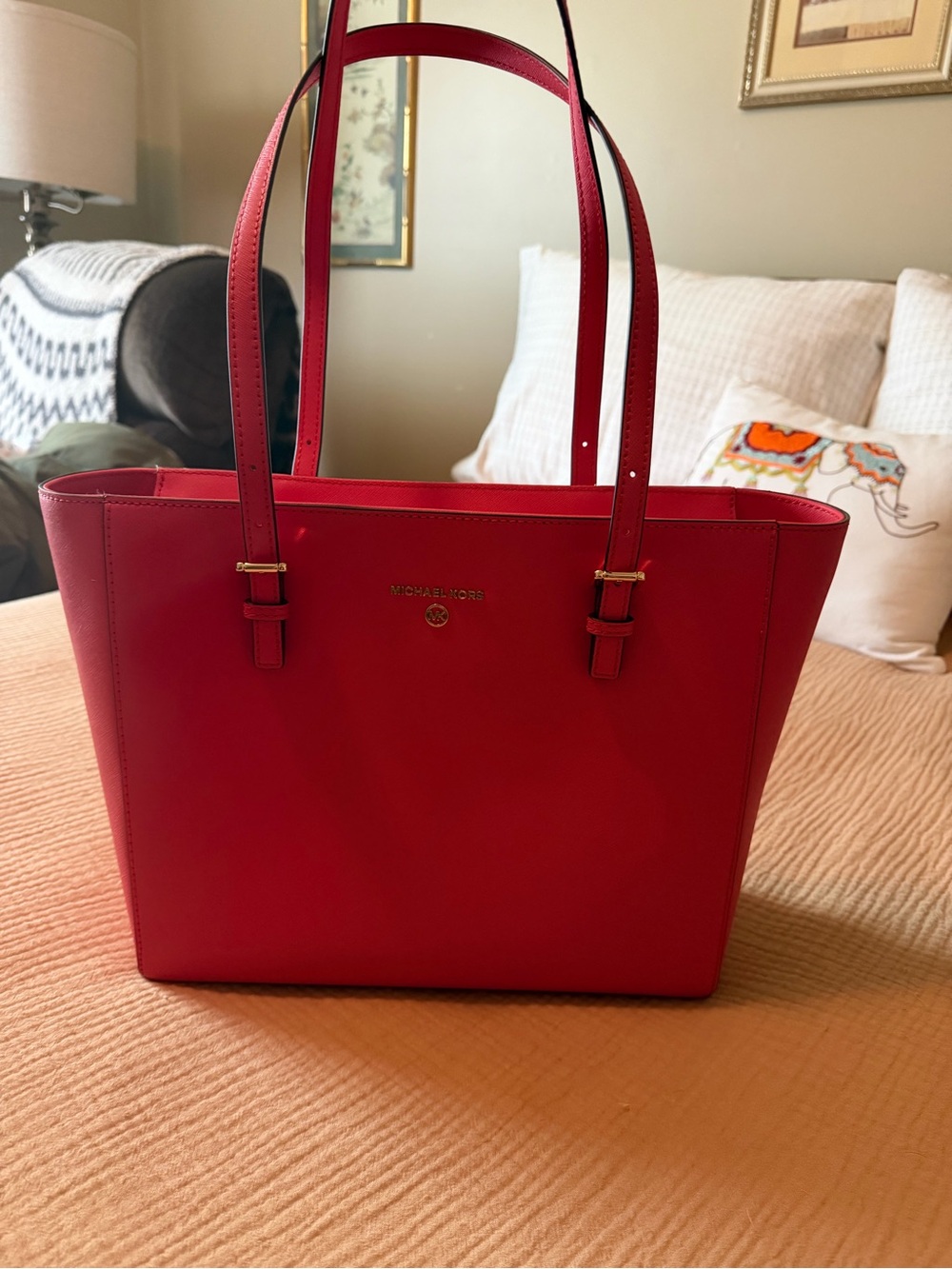 Michael Kors coral red Leather Tote Bag